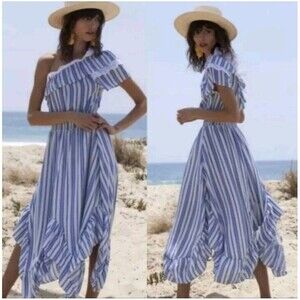 Misa Los Angeles Riya Dress Blue & White Stripe Eyelet Ruffle One Shoulder Med
